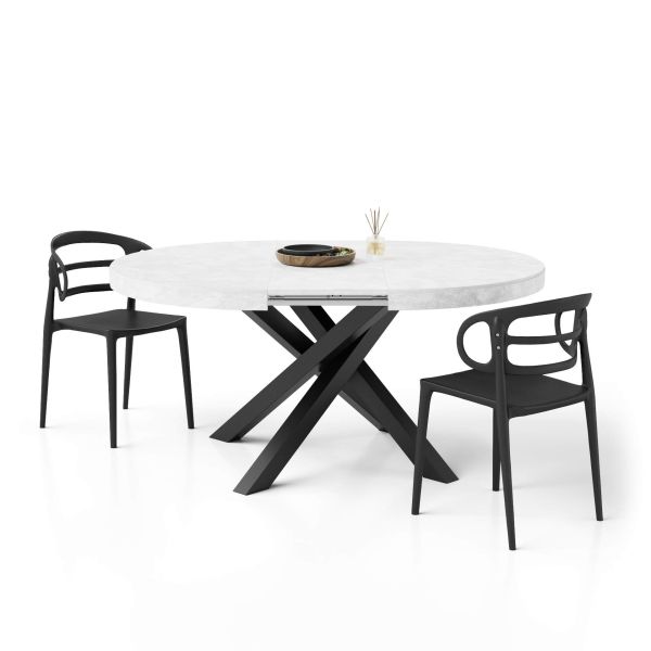 Emma Round Extendable Table, 47,2 - 63 in, Concrete Effect, White with Black crossed legs main image