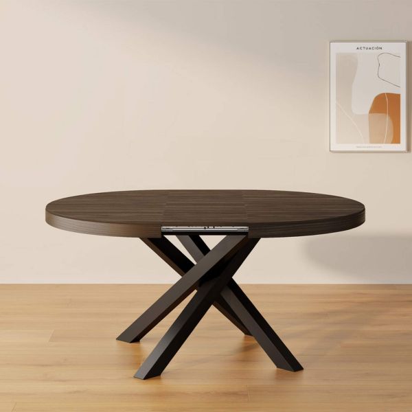 Emma Round Extendable Table, 47,2 - 63 in, Dark Walnut with Black crossed legs set image 4