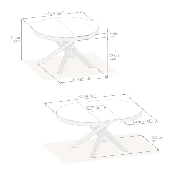 Emma Round Extendable Table, 47,2 - 63 in, Concrete Effect, Grey with White crossed legs technical image 1