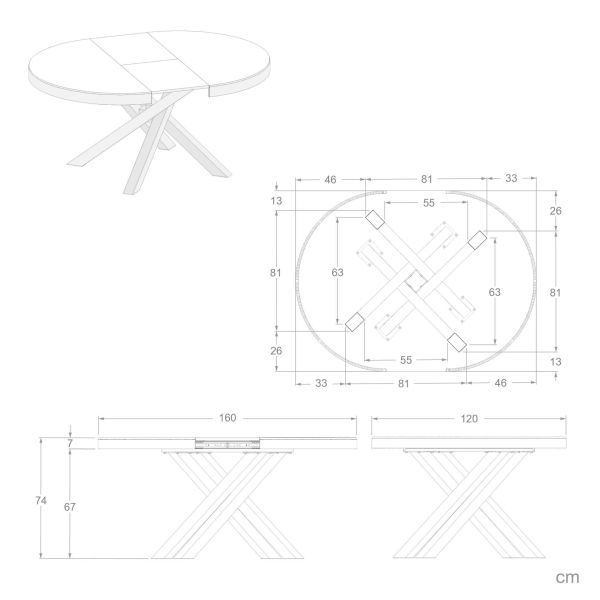 Emma Round Extendable Table, Concrete Effect, Black with White crossed legs technical image 2