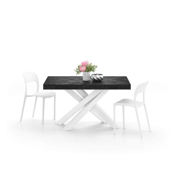 Emma 55.11(86,6)x35,4 in, Extendable Dining Table, Concrete Effect, Black with White Crossed Legs detail image 1