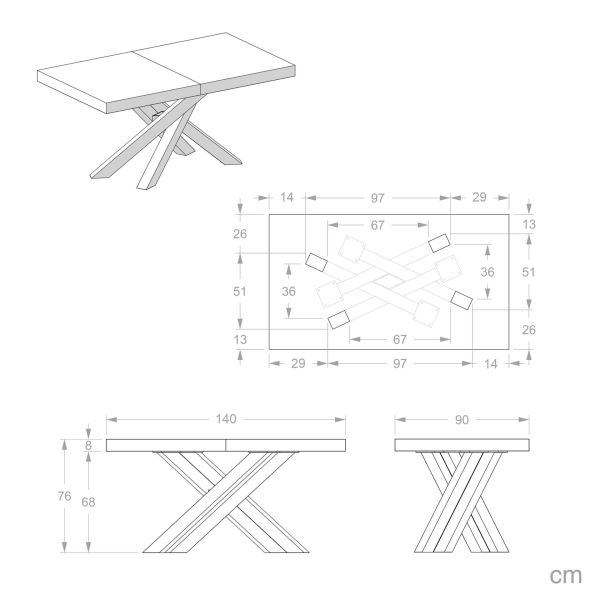 Emma 55.11(86,6)x35,4 in Extendable Table, Ashwood White with White Crossed Legs technical image 2