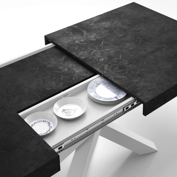 Emma 55.11(86,6)x35,4 in, Extendable Dining Table, Concrete Effect, Black with White Crossed Legs detail image 2