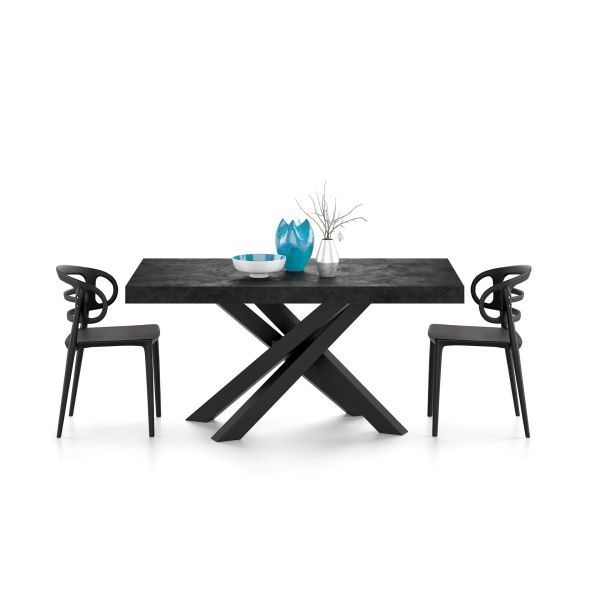 Emma 63(94,5)x35,4 in in, Extendable Dining Table, Concrete Effect, Black with Black Crossed Legs detail image 3