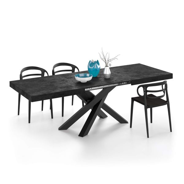 Emma 63(94,5)x35,4 in in, Extendable Dining Table, Concrete Effect, Black with Black Crossed Legs detail image 1