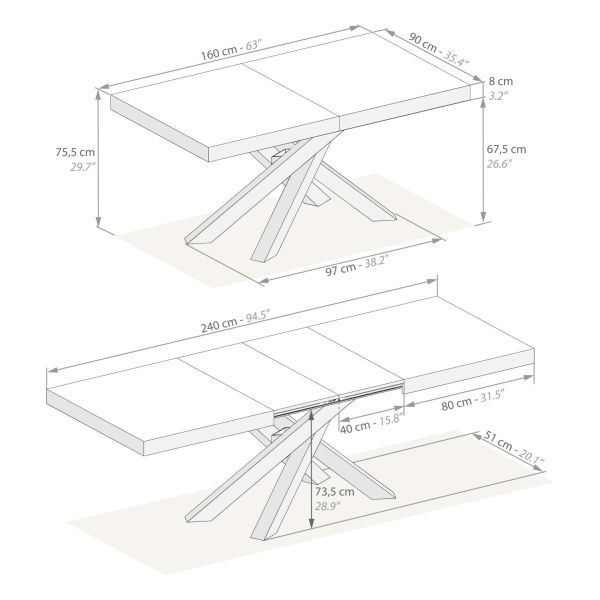 Emma 55.11(86,6)x35,4 in Extendable Table, Ashwood White with White Crossed Legs technical image 1