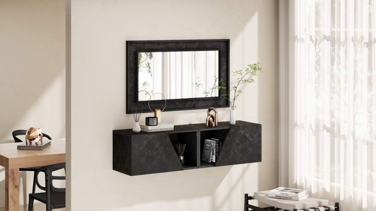 Set of 2 Emma Wall Units 27.55 in, with flap door, Concrete Effect, Black set image 2