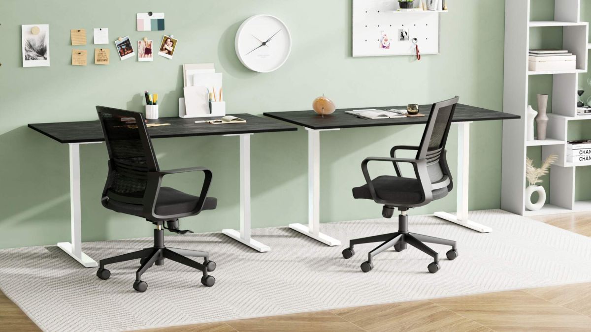 Clara Fixed Height Desk 55.11 x 23.62 in Concrete Effect, Black with White Legs set image 1