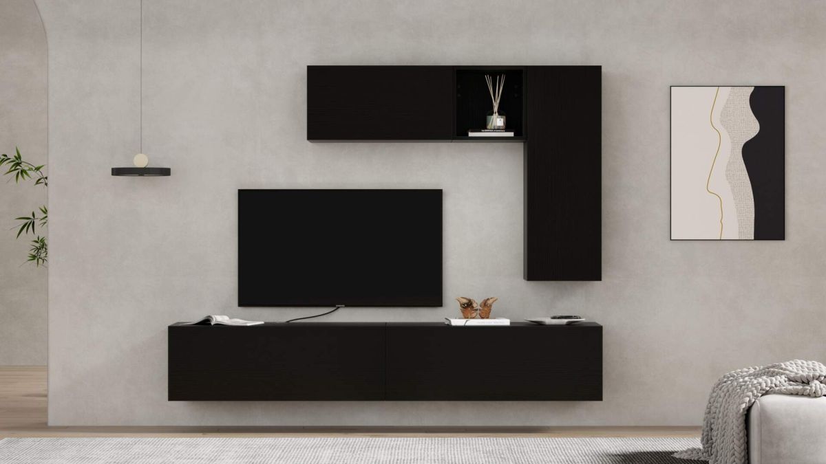 Easy Wall TV Unit with Drawer, Ashwood Black set image 1