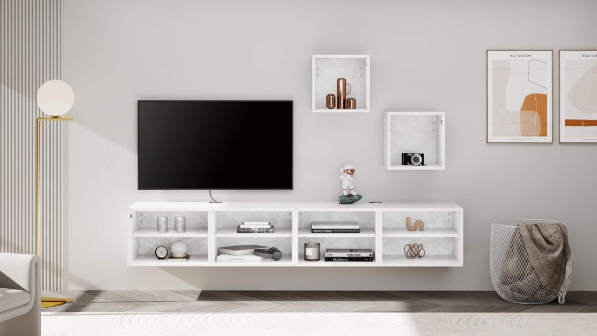 X Wall TV Unit without Door, Concrete Effect, White set image 1