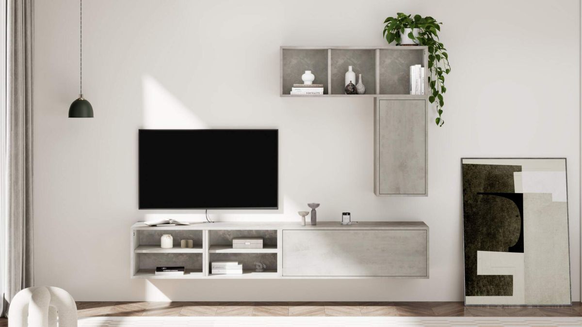 X Wall TV Unit without Door, Concrete Effect, Grey set image 1