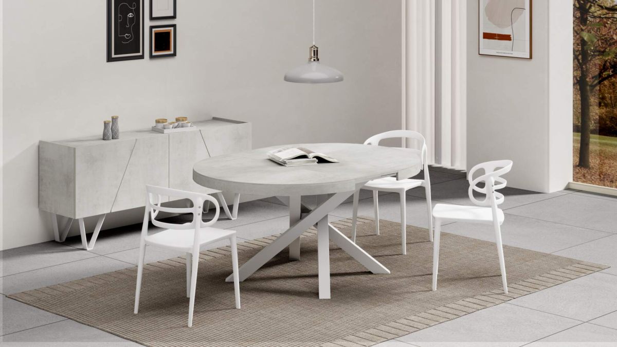 Emma Round Extendable Table, 47,2 - 63 in, Concrete Effect, Grey with White crossed legs set image 3