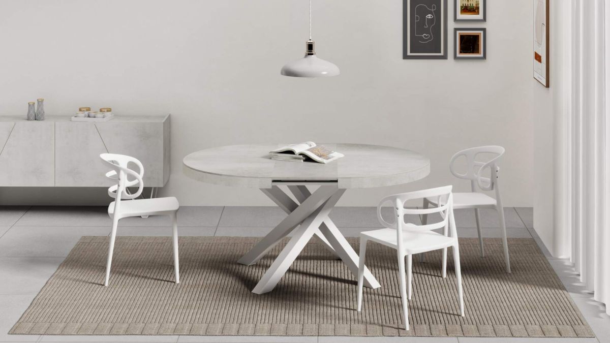 Emma Round Extendable Table, 47,2 - 63 in, Concrete Effect, Grey with White crossed legs set image 2