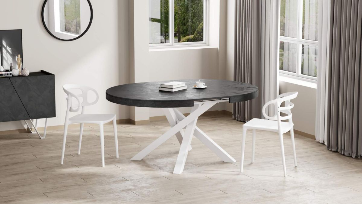 Emma Round Extendable Table, Concrete Effect, Black with White crossed legs set image 3