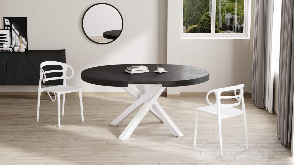 Emma Round Extendable Table, Concrete Effect, Black with White crossed legs set image 2