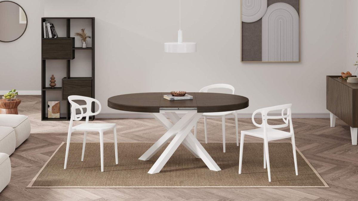 Emma Round Extendable Table, 47,2 - 63 in, Dark Walnut with White crossed legs set image 2