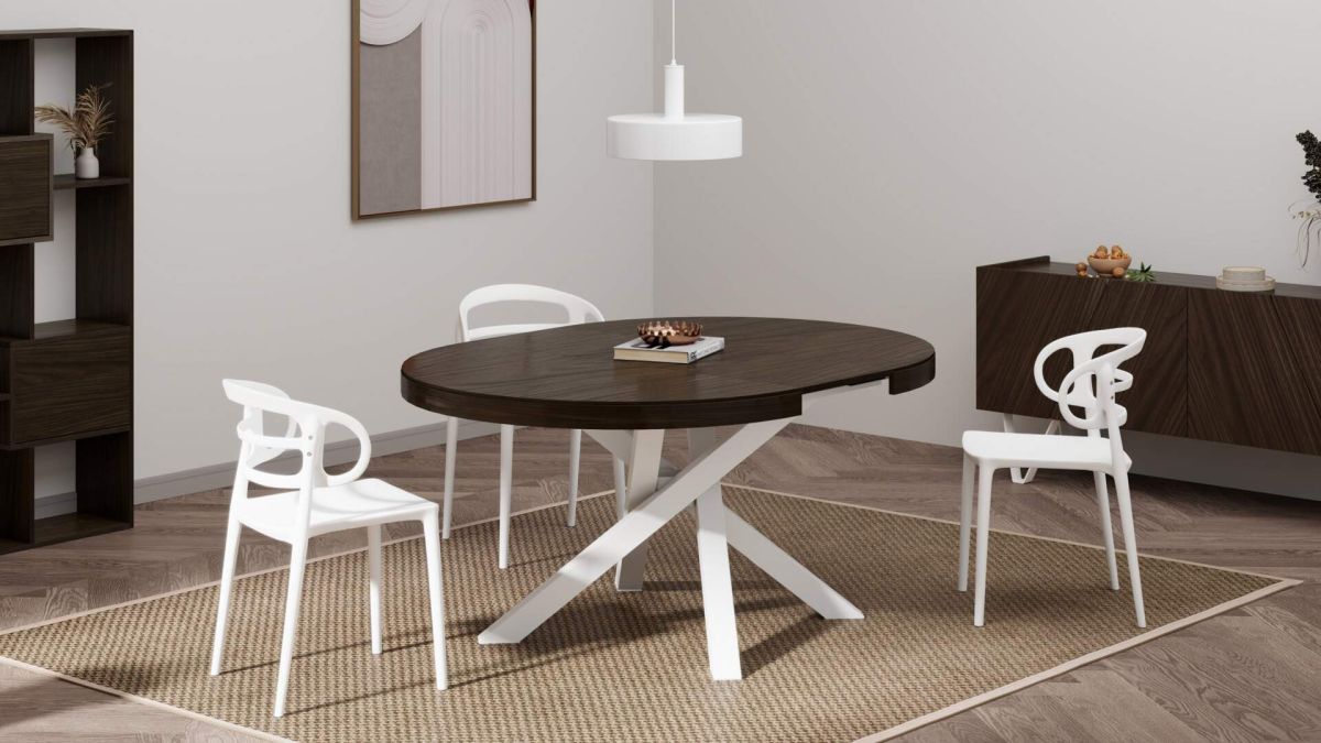 Emma Round Extendable Table, 47,2 - 63 in, Dark Walnut with White crossed legs set image 3