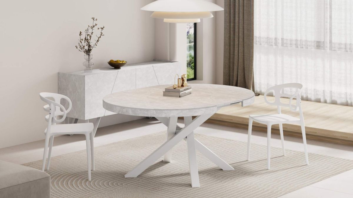 Emma Round Extendable Table, 47,2 - 63 in, Concrete Effect, White with White crossed legs set image 3