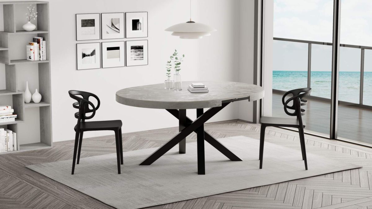 Emma Round Extendable Table, 47,2 - 63 in, Concrete Effect, Grey with Black crossed legs set image 3