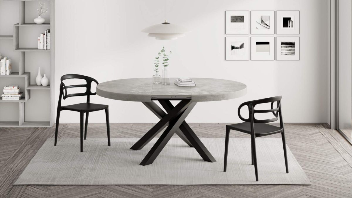 Emma Round Extendable Table, 47,2 - 63 in, Concrete Effect, Grey with Black crossed legs set image 2