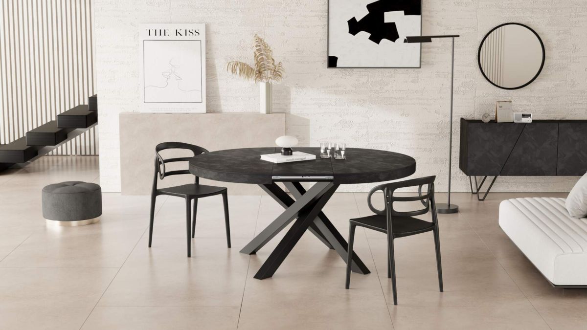 Emma Round Extendable Table, Concrete Effect, Black with Black crossed legs set image 2