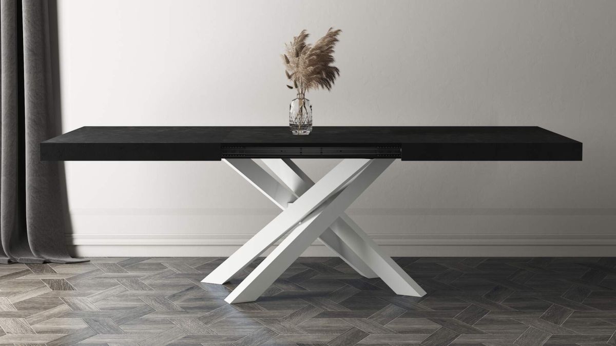 Emma 55.11(86,6)x35,4 in, Extendable Dining Table, Concrete Effect, Black with White Crossed Legs set image 3