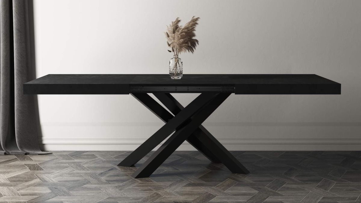 Emma 63(94,5)x35,4 in in, Extendable Dining Table, Concrete Effect, Black with Black Crossed Legs set image 2