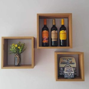 Set of 3 Square Cube Shelves, Giuditta, Rusitc Oak
