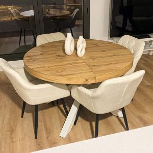 Emma Round Extendable Table, 47,2 - 63 in,Rustic Oak with White crossed legs
