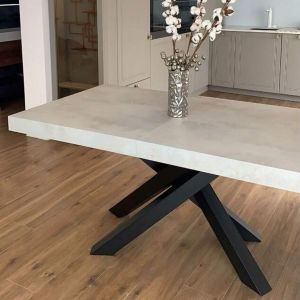 Emma 55.11(86,6)x35,4 in Extendable Table, Concrete Effect, Grey with Black Crossed Legs