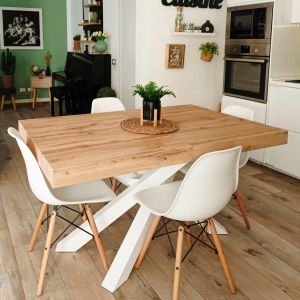 Emma 63(94,5)x35,4 in Extendable Table, Rustic Oak with White Crossed Legs