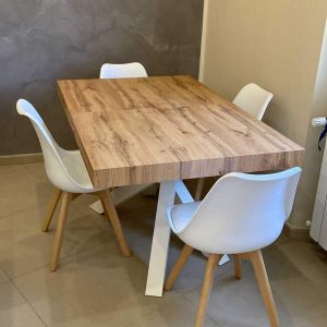 Emma 63(94,5)x35,4 in Extendable Table, Rustic Oak with White Crossed Legs