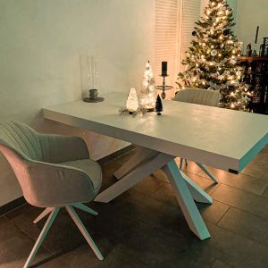 Emma 55.11(86,6)x35,4 in Extendable Table, Concrete Effect, White with White Crossed Legs