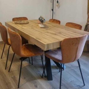 Emma 63(94,5)x35,4 in Extendable Table, Rustic Oak with Black Crossed Legs