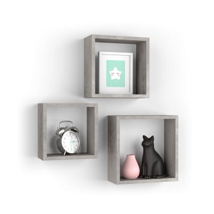 Set of 3 square wall cubes, Giuditta, Concrete Effect, Grey