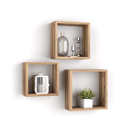 Set of 3 Square Cube Shelves, Giuditta, Rusitc Oak