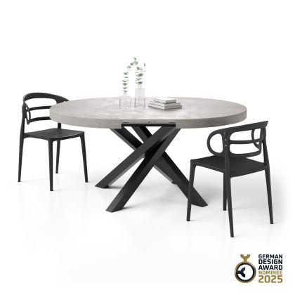 Emma Round Extendable Table, 47,2 - 63 in, Concrete Effect, Grey with Black crossed legs