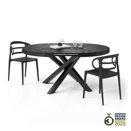 Emma Round Extendable Table, Concrete Effect, Black with Black crossed legs