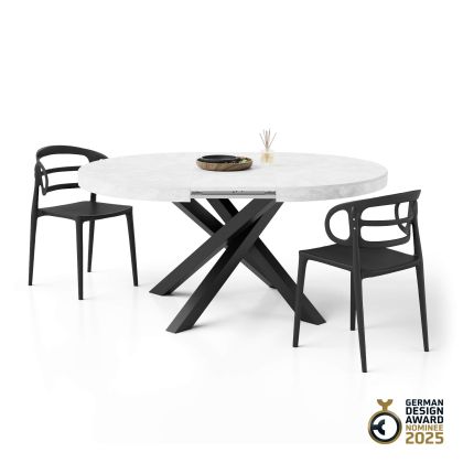 Emma Round Extendable Table, 47,2 - 63 in, Concrete Effect, White with Black crossed legs