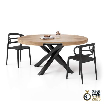 Emma Round Extendable Table, 47,2 - 63 in, Rustic Oak with Black crossed legs