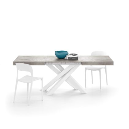 Emma 55.11(86,6)x35,4 in Extendable Table, Concrete Effect, Grey with White Crossed Legs