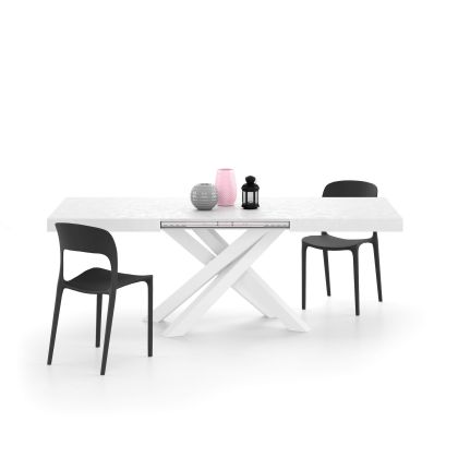 Emma 55.11(86,6)x35,4 in Extendable Table, Concrete Effect, White with White Crossed Legs