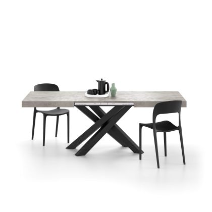 Emma 55.11(86,6)x35,4 in Extendable Table, Concrete Effect, Grey with Black Crossed Legs