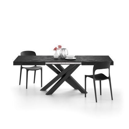 Emma 55.1 in, Extendable Dining Table, Concrete Effect, Black with Black Crossed Legs