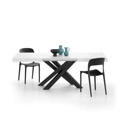 Emma 55.11(86,6)x35,4 in Extendable Table, Concrete Effect, White with Black Crossed Legs