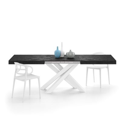 Emma 63 in, Extendable Dining Table, Concrete Effect, Black with White Crossed Legs