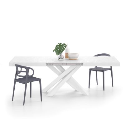 Emma 63(94,5)x35,4 in Extendable Table, Concrete Effect, White with White Crossed Legs