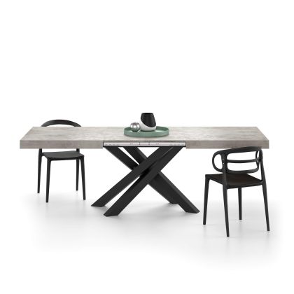 Emma 63(94,5)x35,4 in Extendable Table, Concrete Effect, Grey with Black Crossed Legs