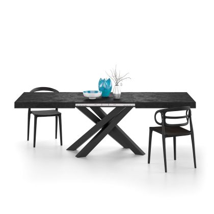 Emma 63(94,5)x35,4 in in, Extendable Dining Table, Concrete Effect, Black with Black Crossed Legs