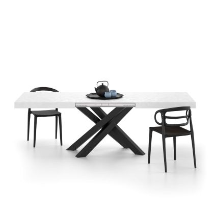 Emma 63(94,5)x35,4 in Extendable Table, Concrete Effect, White with Black Crossed Legs